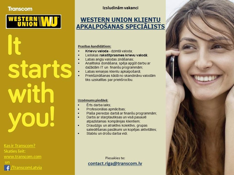 Transcom Worldwide Latvia, SIA Western Union klientu apkalpošanas speciālists