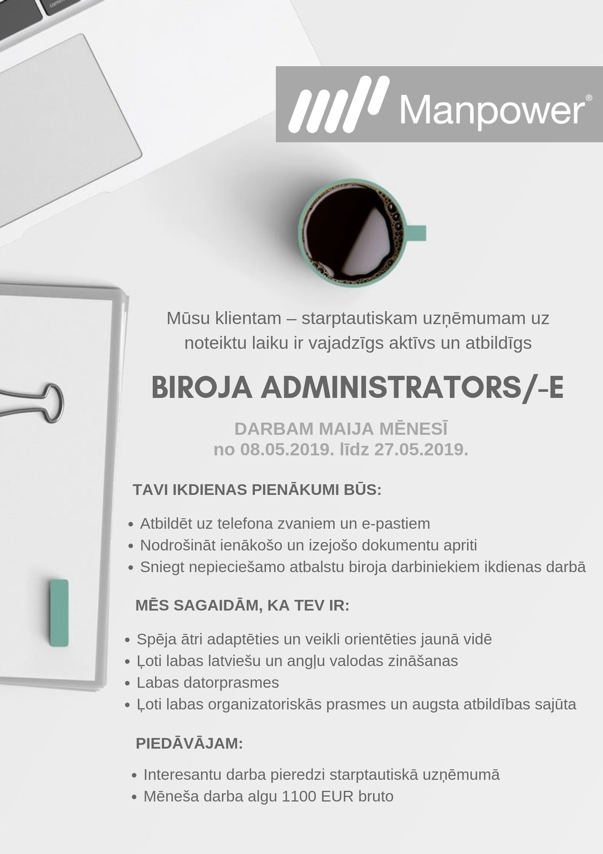 MANPOWER Biroja administrators/-e uz noteiktu laiku