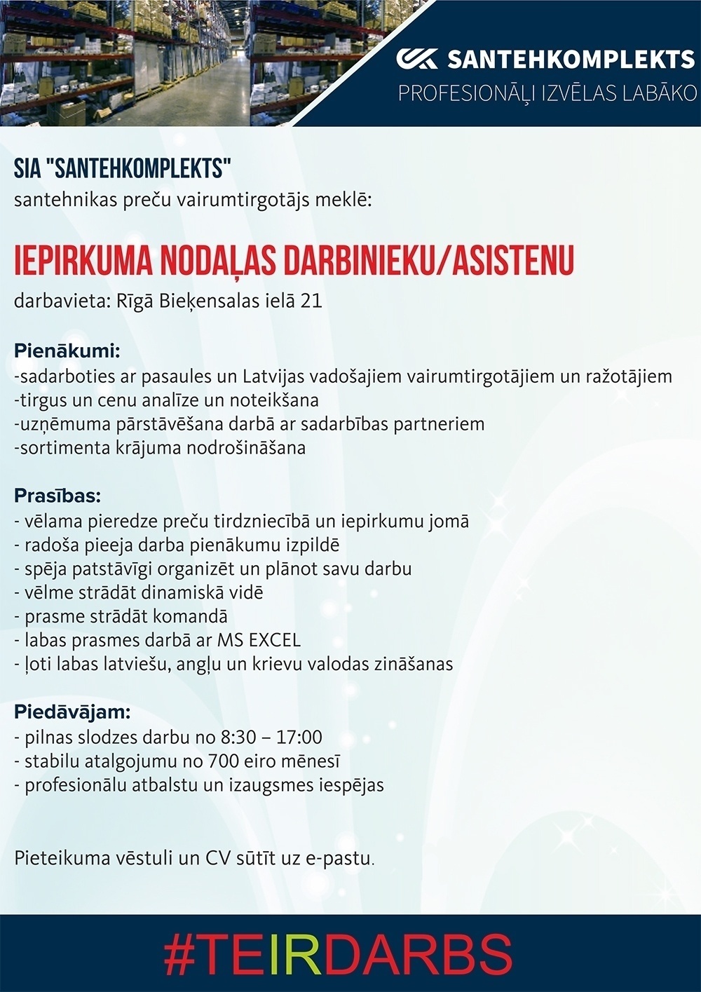 SANTEHKOMPLEKTS, SIA Iepirkumu nodaļas darbinieks(-ce) / asistents(-e)