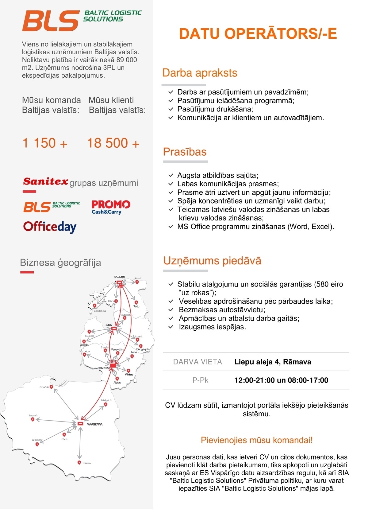 Baltic Logistic Solutions Datu operators/-e dienas maiņā