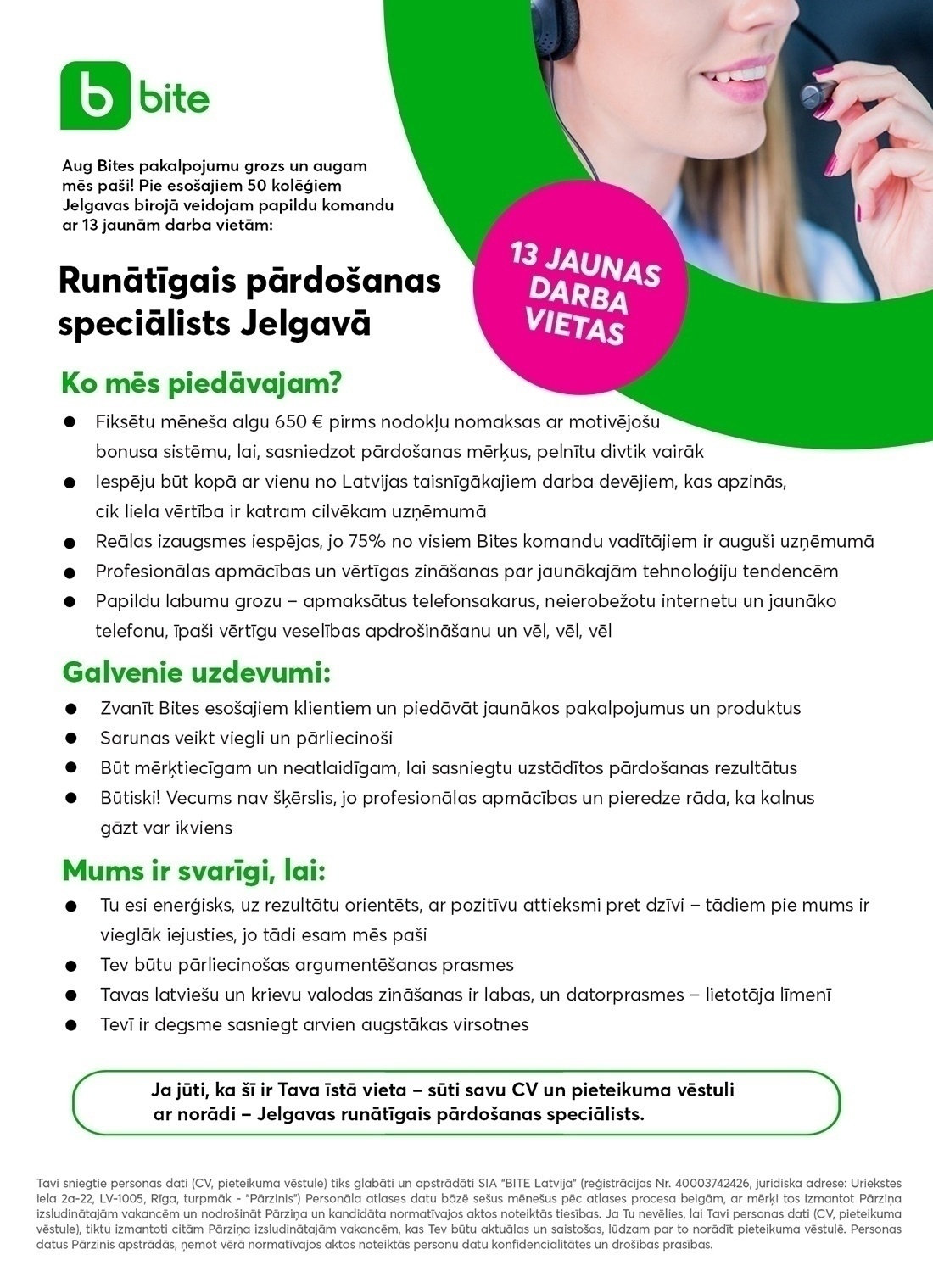 Bite Latvija, SIA Runātīgais/-ā pārdošanas speciālists/-e Jelgavā