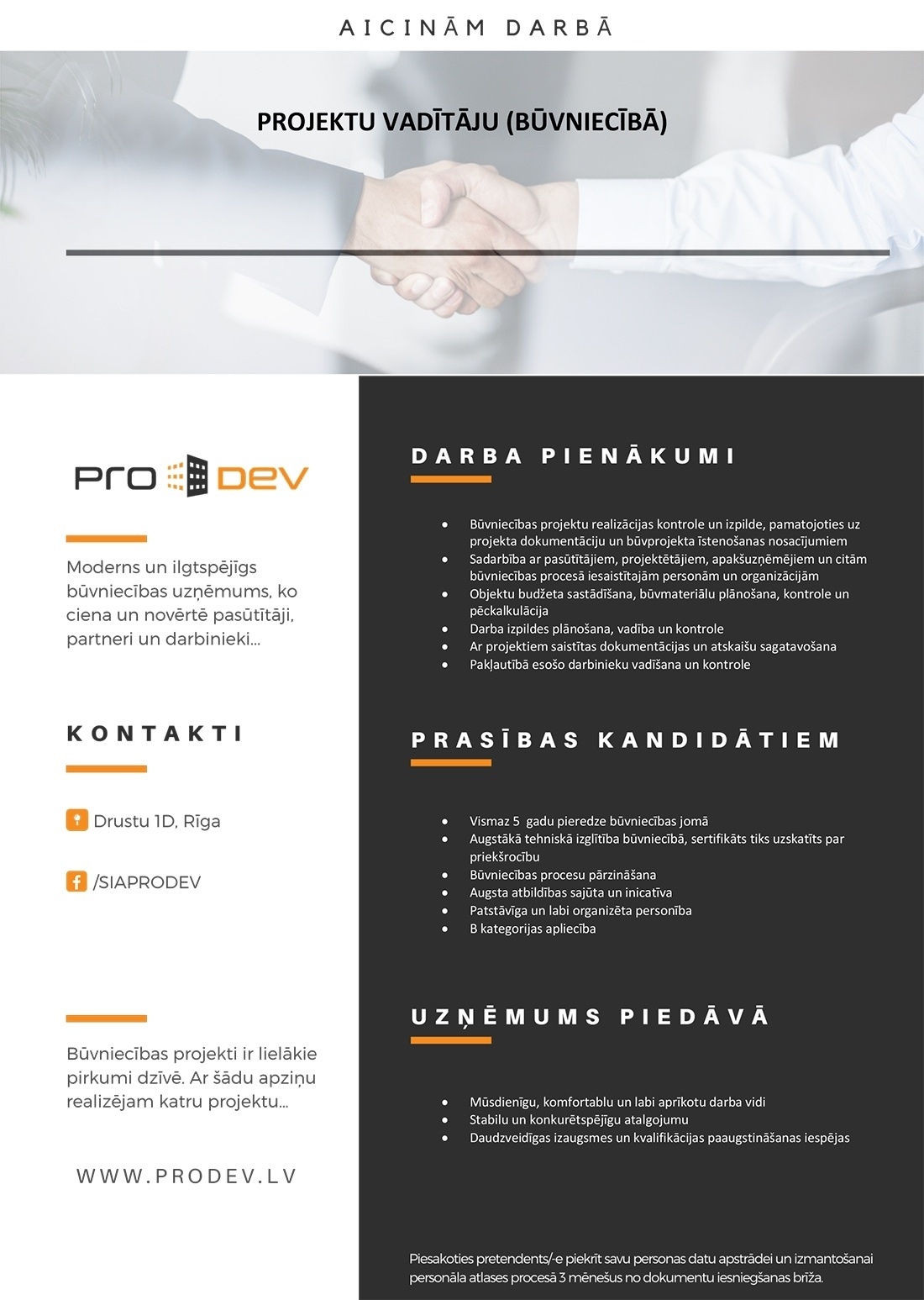 PRO DEV, SIA Projektu vadītājs/-a (būvniecība)