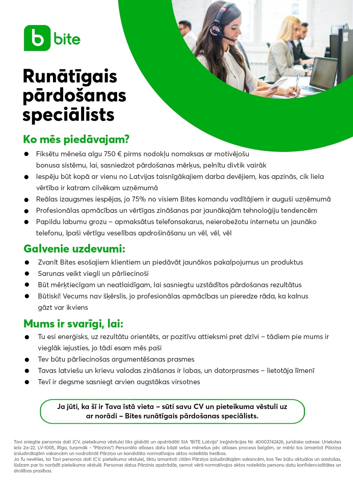 SIA Bite Latvija Runātīgais pārdošanas speciālists/-e