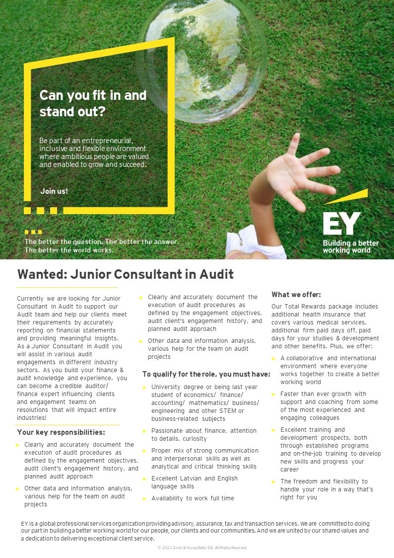 Ernst & Young Baltic, SIA Junior Consultant in Audit