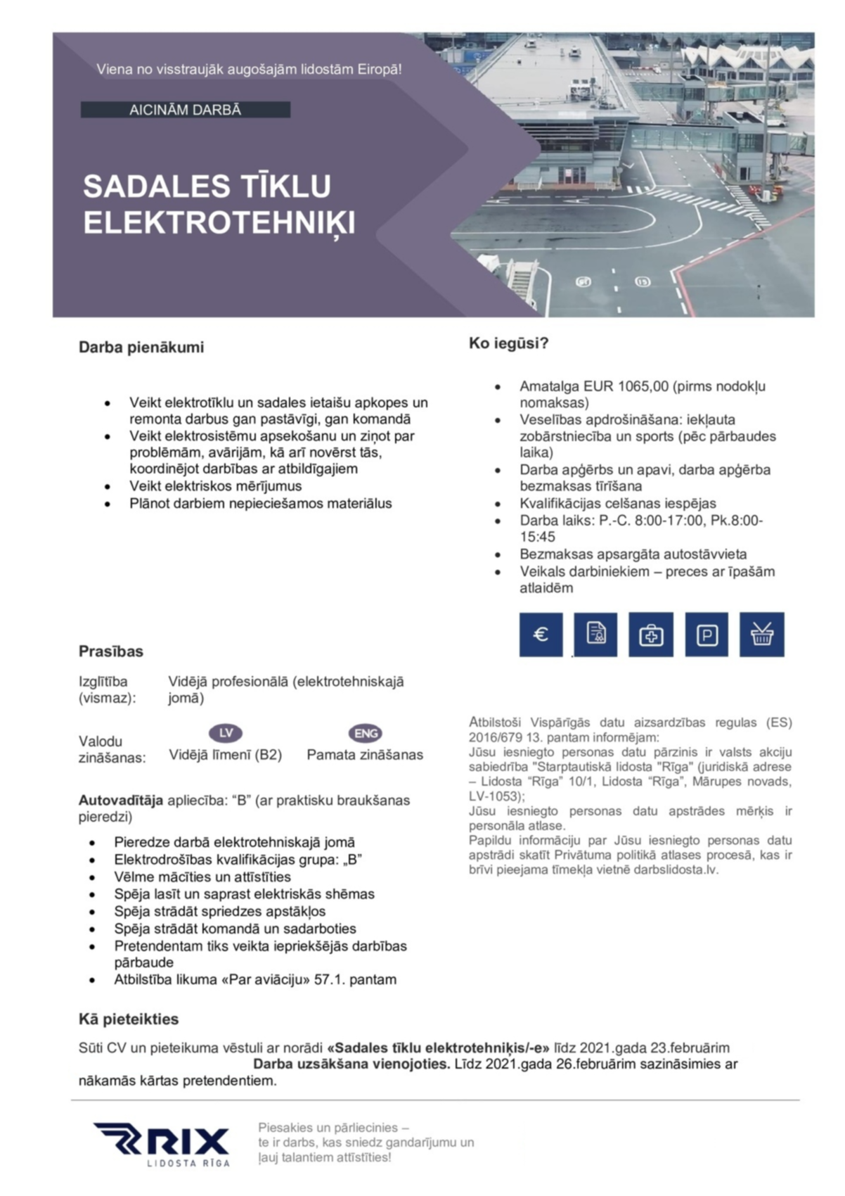 Starptautiskā lidosta  Sadales tīklu elektrotehniķis/-e