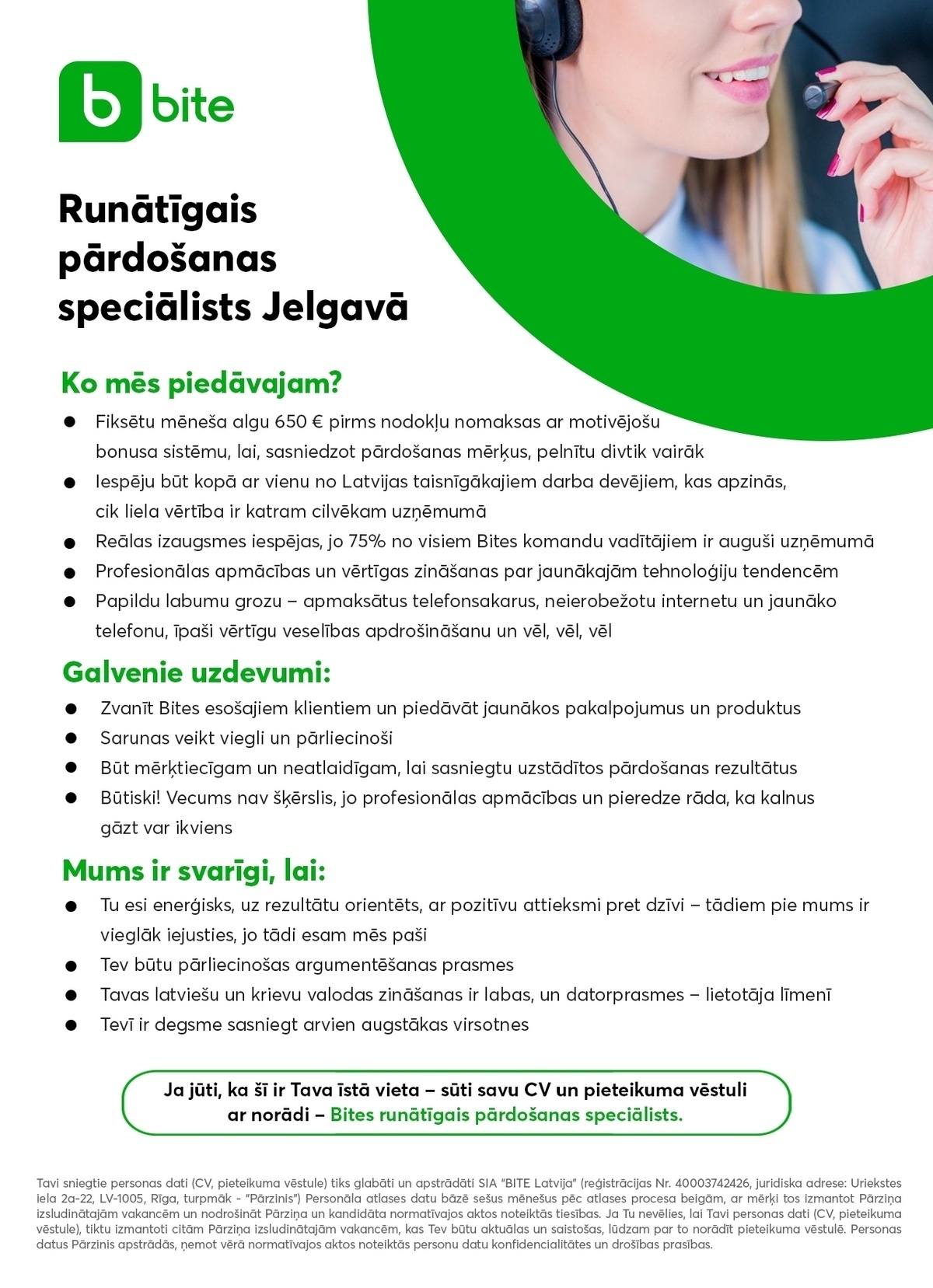 SIA Bite Latvija Runātīgais pārdošanas speciālists/-e Jelgavā