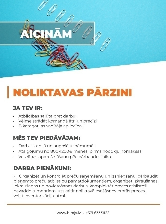 A-Birojs, SIA Noliktavas pārzinis/-e