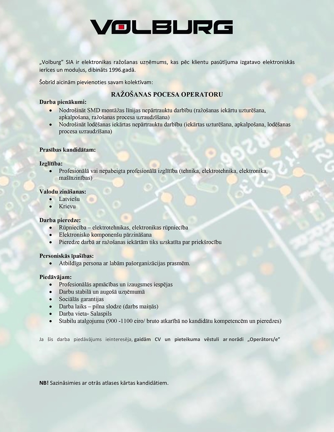 Volburg, SIA Ražošanas procesa operators/-e