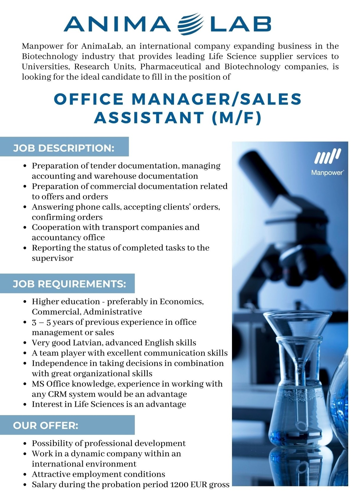 SAS "Manpower Lit" filiāle "Manpower Lit" Office Manager / Sales Assistant (m/f)