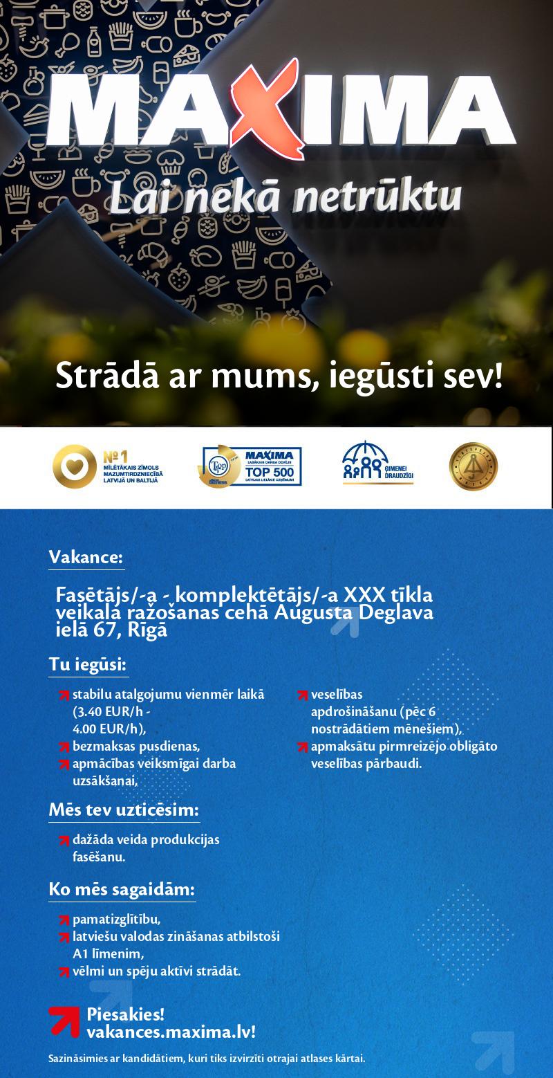 MAXIMA Latvija Fasētājs/-a - komplektētājs/-a