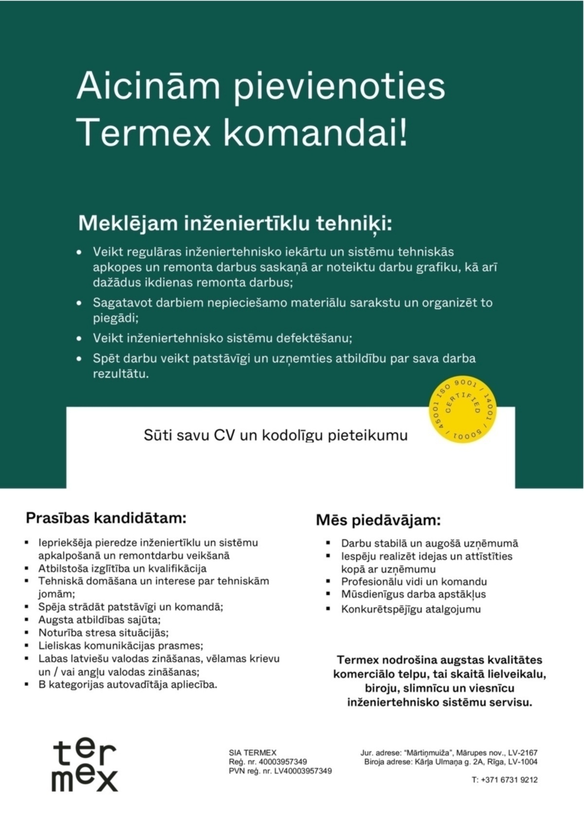 TERMEX, SIA Inženiertīklu tehniķis/-e