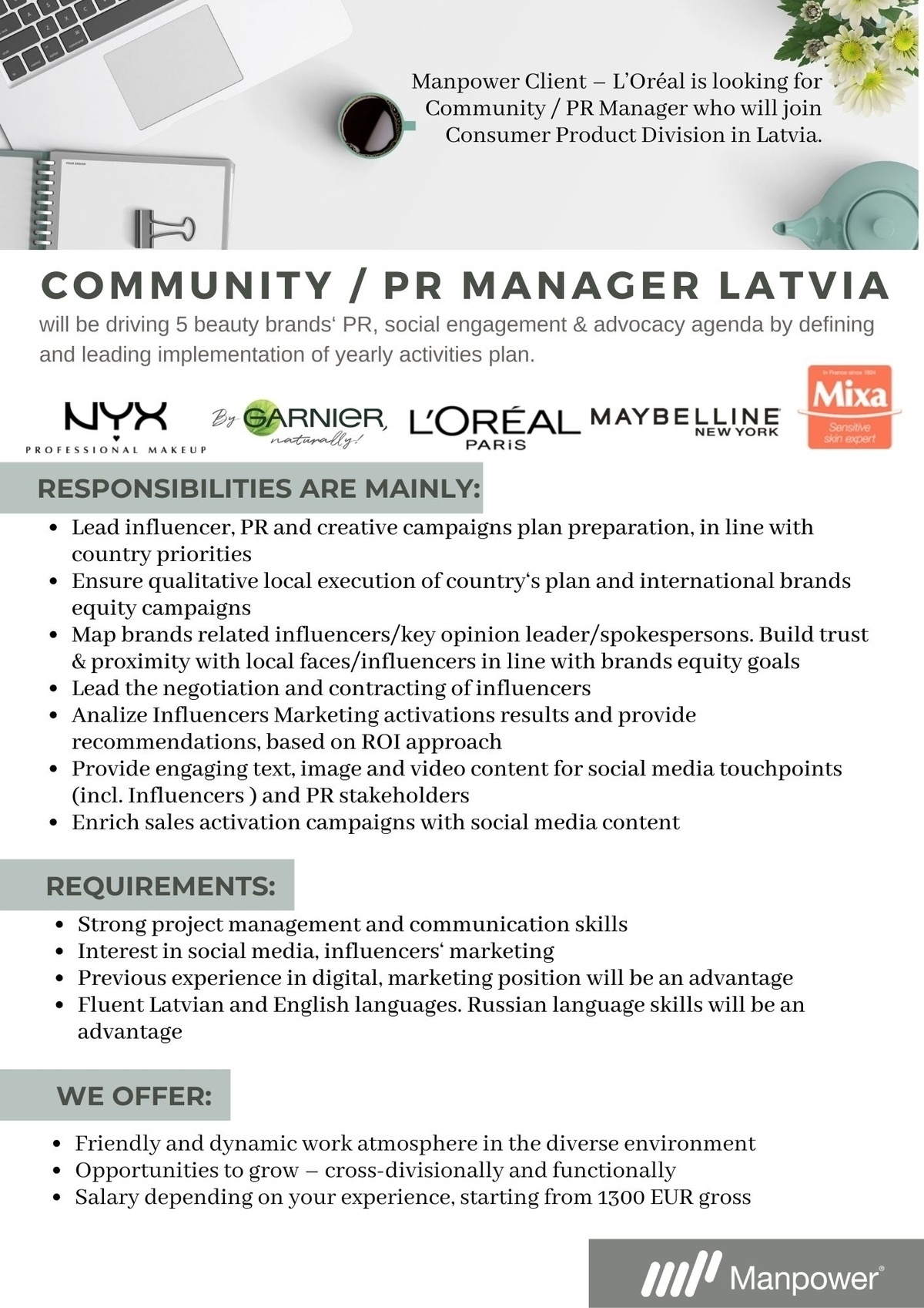 SAS "Manpower Lit" filiāle "Manpower Lit" Community / PR Manager Latvia