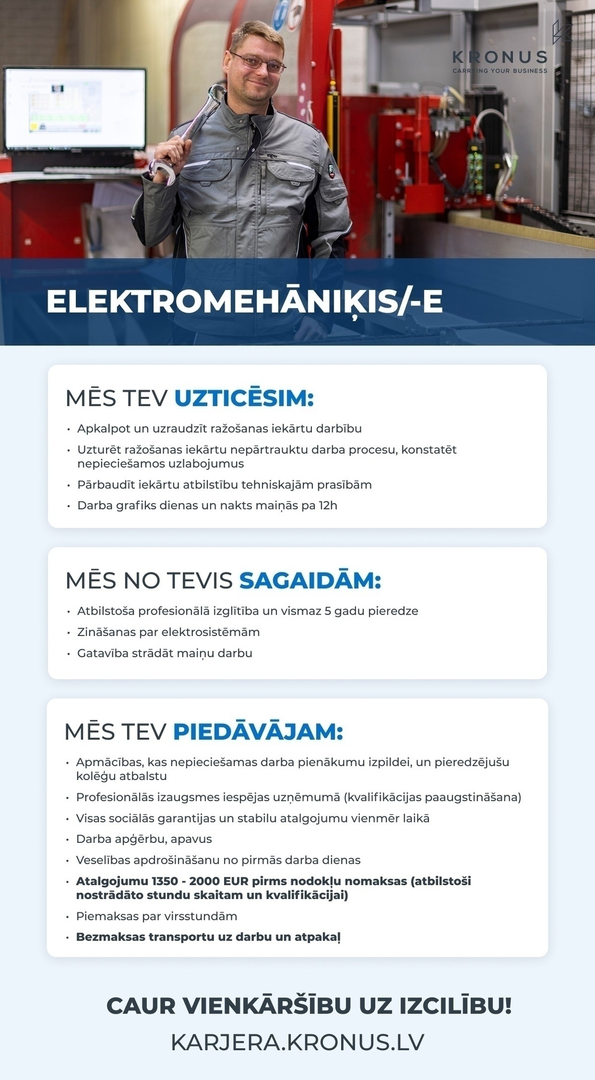 Kronus, SIA Elektromehāniķis/-e (darba vieta Ulbrokā)