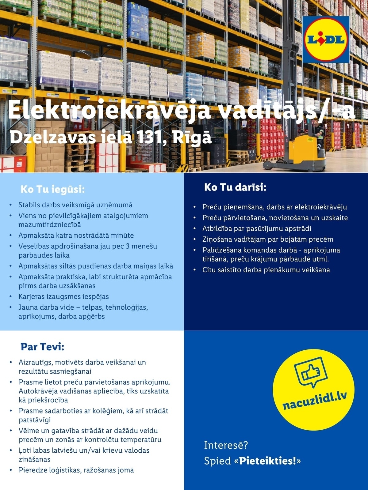 Lidl Latvija, SIA Elektroiekrāvēja vadītājs/-a (Dzelzavas ielā 131, Rīgā)