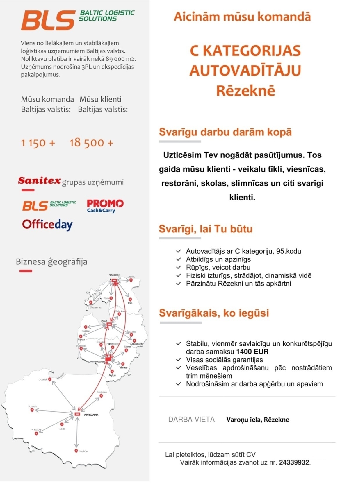 Baltic Logistic Solutions Autovadītājs/-a ar C kat. Rēzeknē