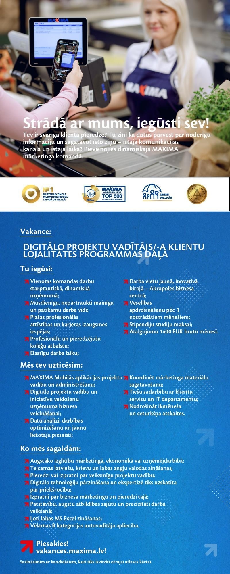 MAXIMA Latvija Digitālo projektu vadītājs/-a Klientu lojalitātes programmas daļā