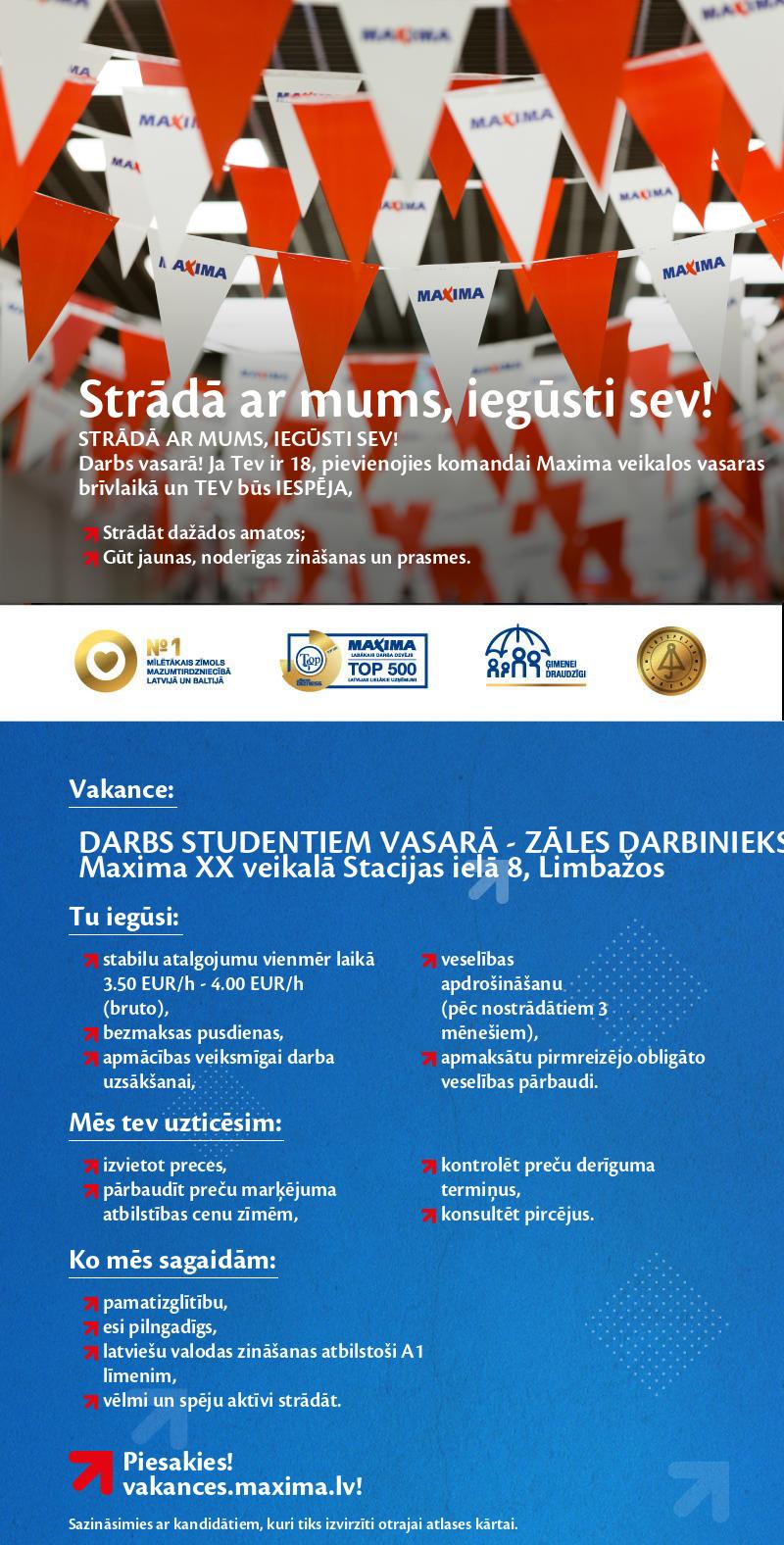 MAXIMA Latvija DARBS STUDENTIEM VASARĀ - ZĀLES DARBINIEKS/-CE