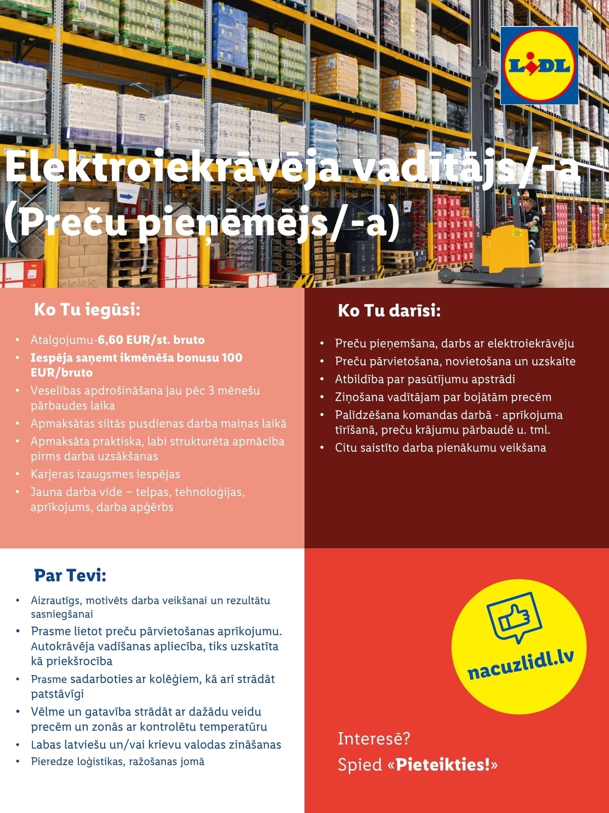 Lidl Latvija, SIA Elektroiekrāvēja vadītājs/-a (Preču pieņēmējs/-a)