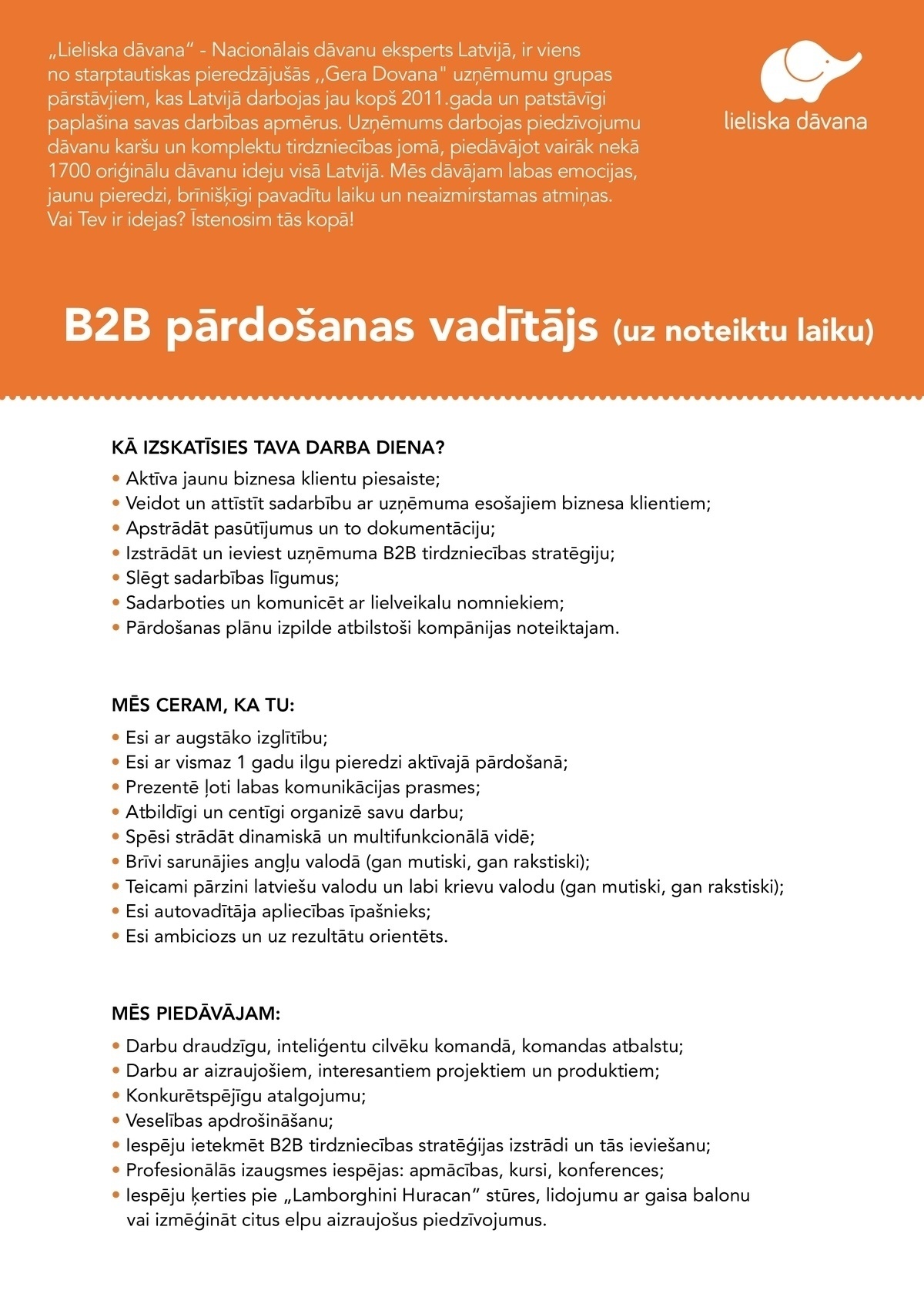 Lieliska dāvana, SIA B2B pārdošanas vadītājs/-a (uz noteiktu laiku)