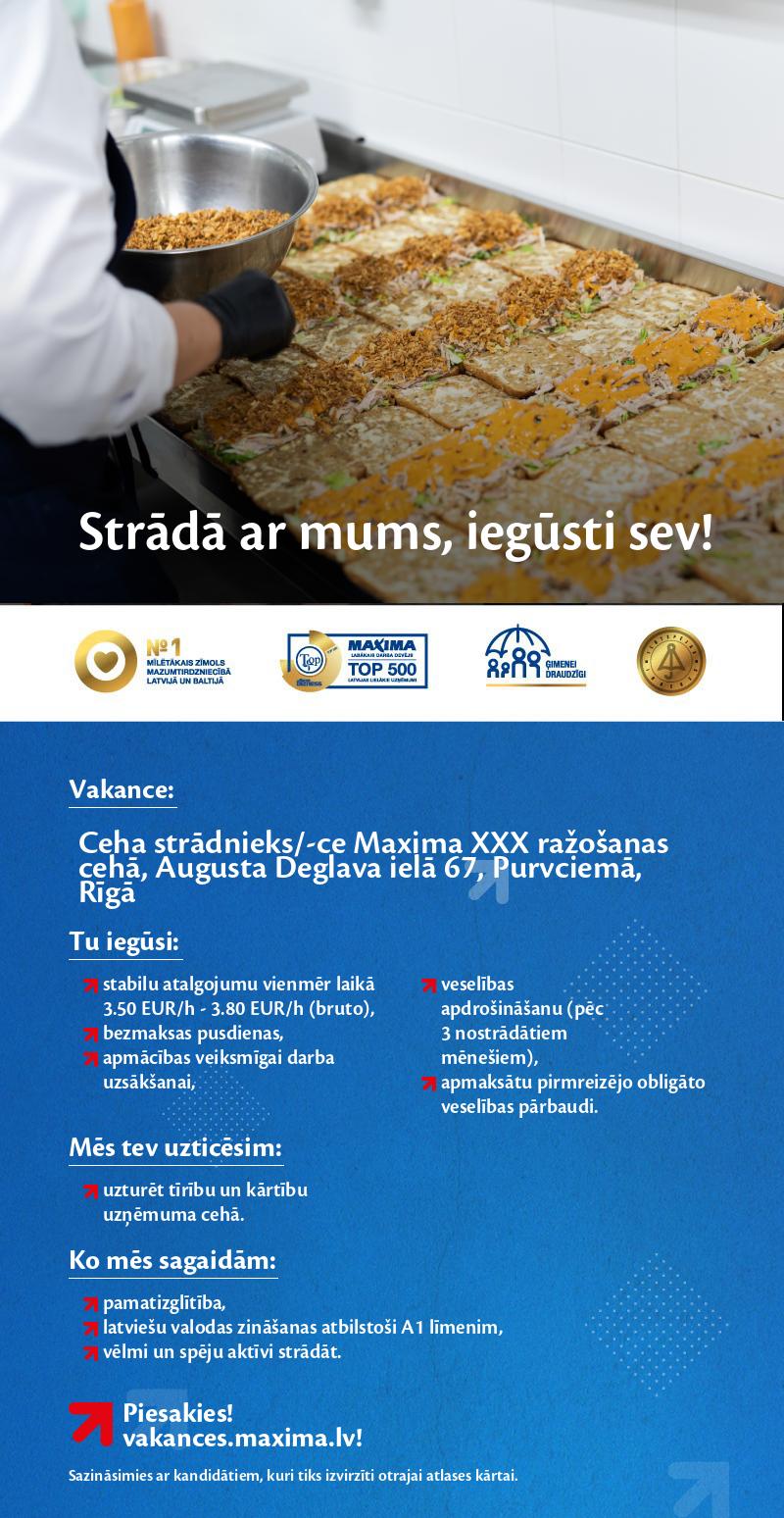 MAXIMA Latvija Ceha strādnieks/-ce - kulinārijas cehā