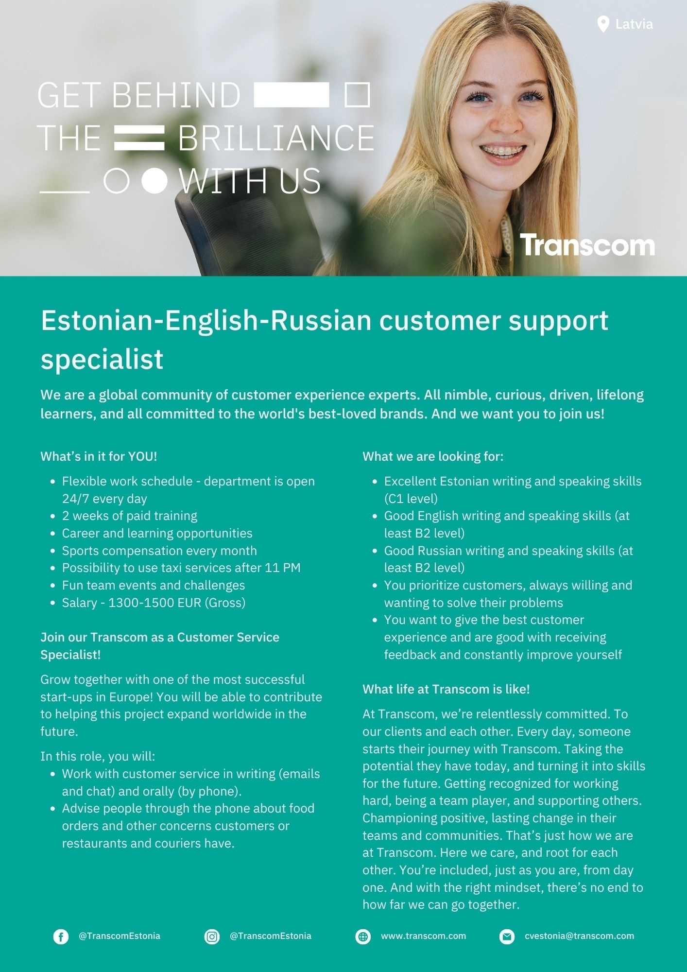 Transcom Worldwide Latvia, SIA Estonian speaking customer support representative / Klientu konsultants/-e ar igauņu valodas zināšanām