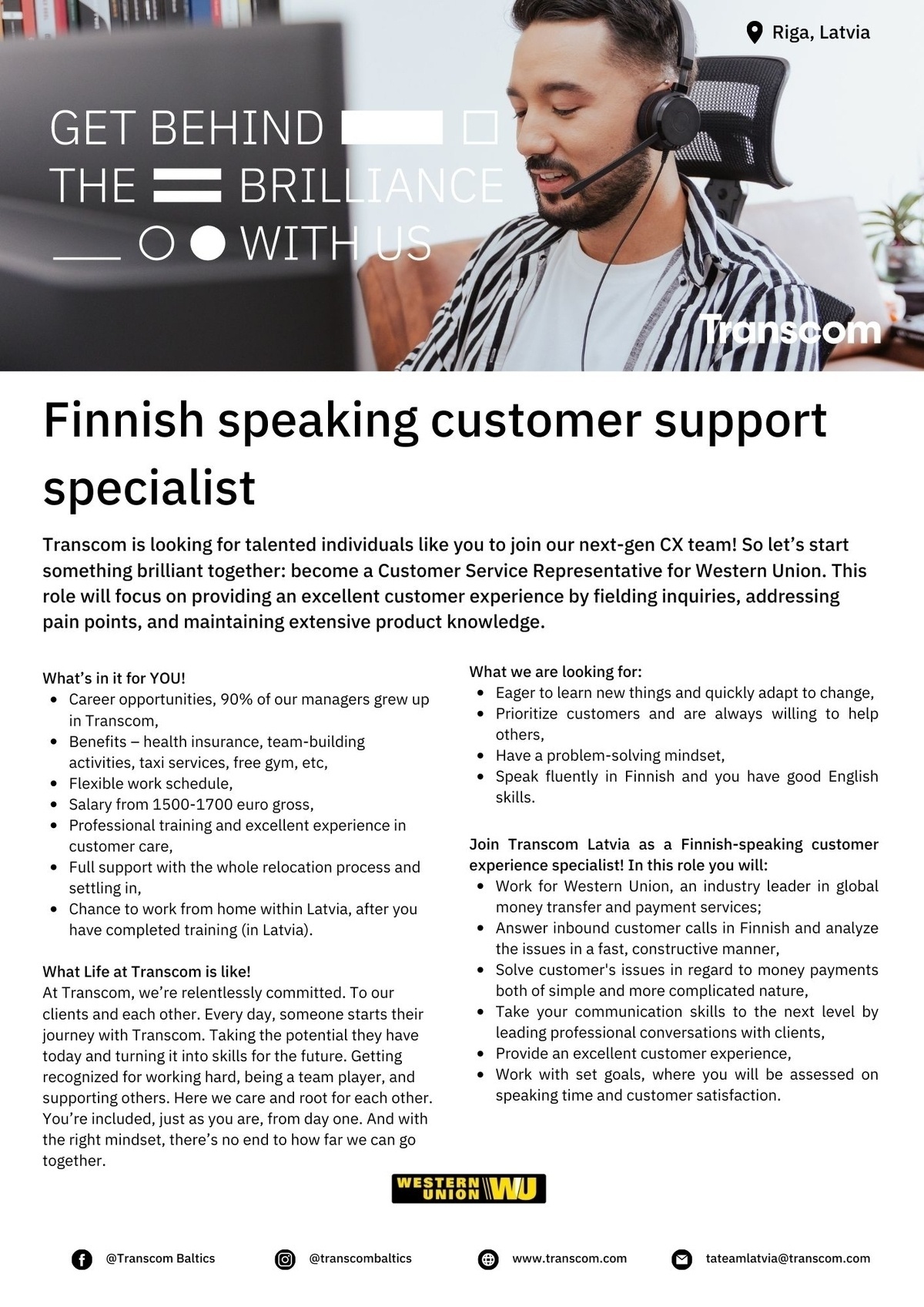 Transcom Worldwide Latvia, SIA Finnish customer service representative / Klientu konsultants(-e) ar somu valodas zināšanām