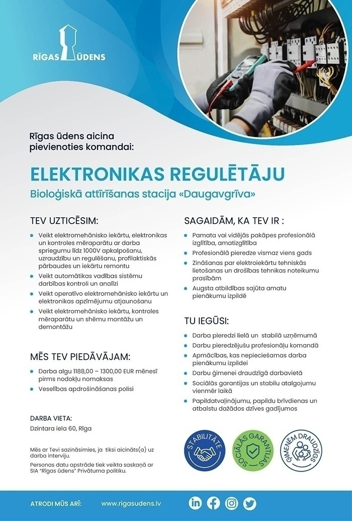 Rīgas ūdens, SIA Elektronisko iekārtu montētājs/-a