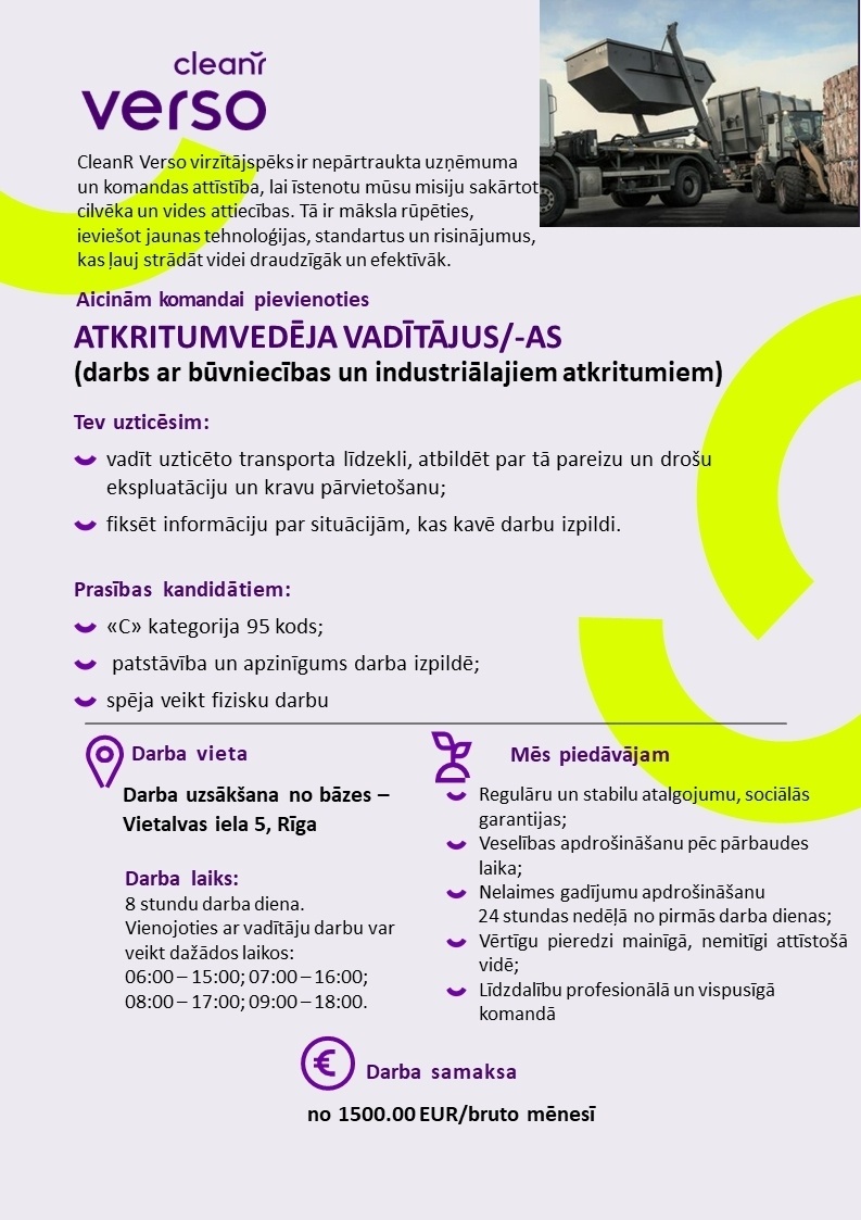 CleanR Verso, SIA Atkritumvedēja vadītājs/-a (būvniecības un industriālie atkritumi)