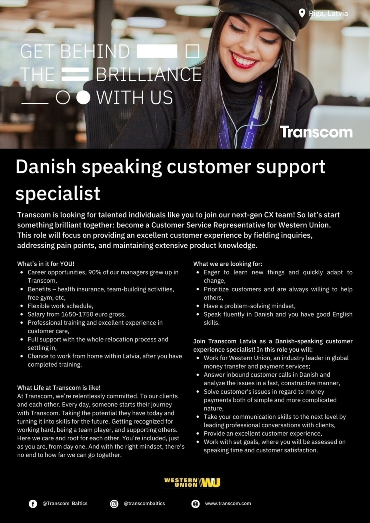 Transcom Worldwide Latvia, SIA Danish speaking customer support representative