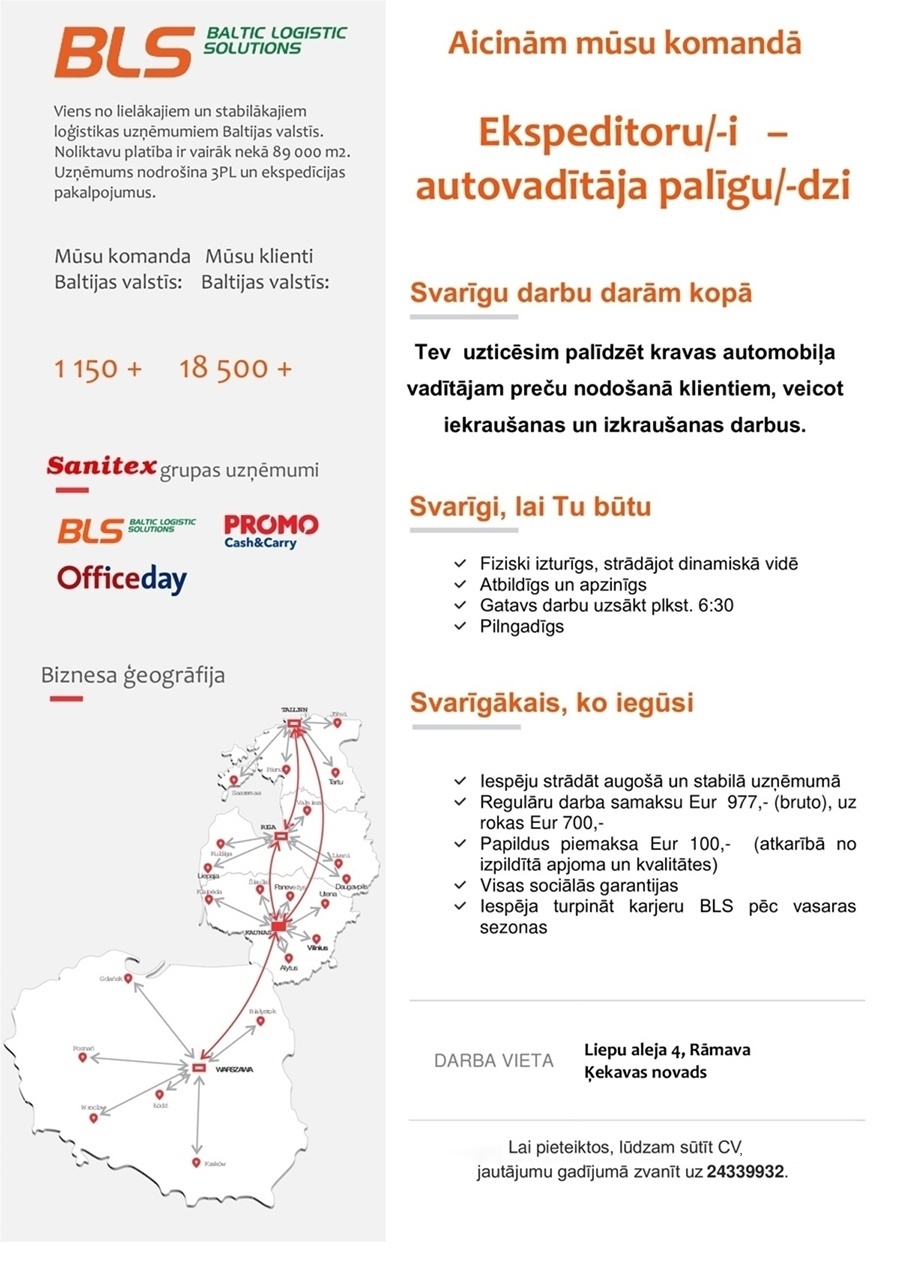 Baltic Logistic Solutions Ekspeditors(e) - Autovadītāja palīgs(dze) Rīgā