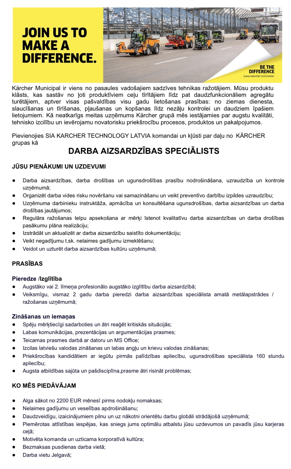 Karcher Technology Latvia, SIA Darba aizsardzības speciālists/e