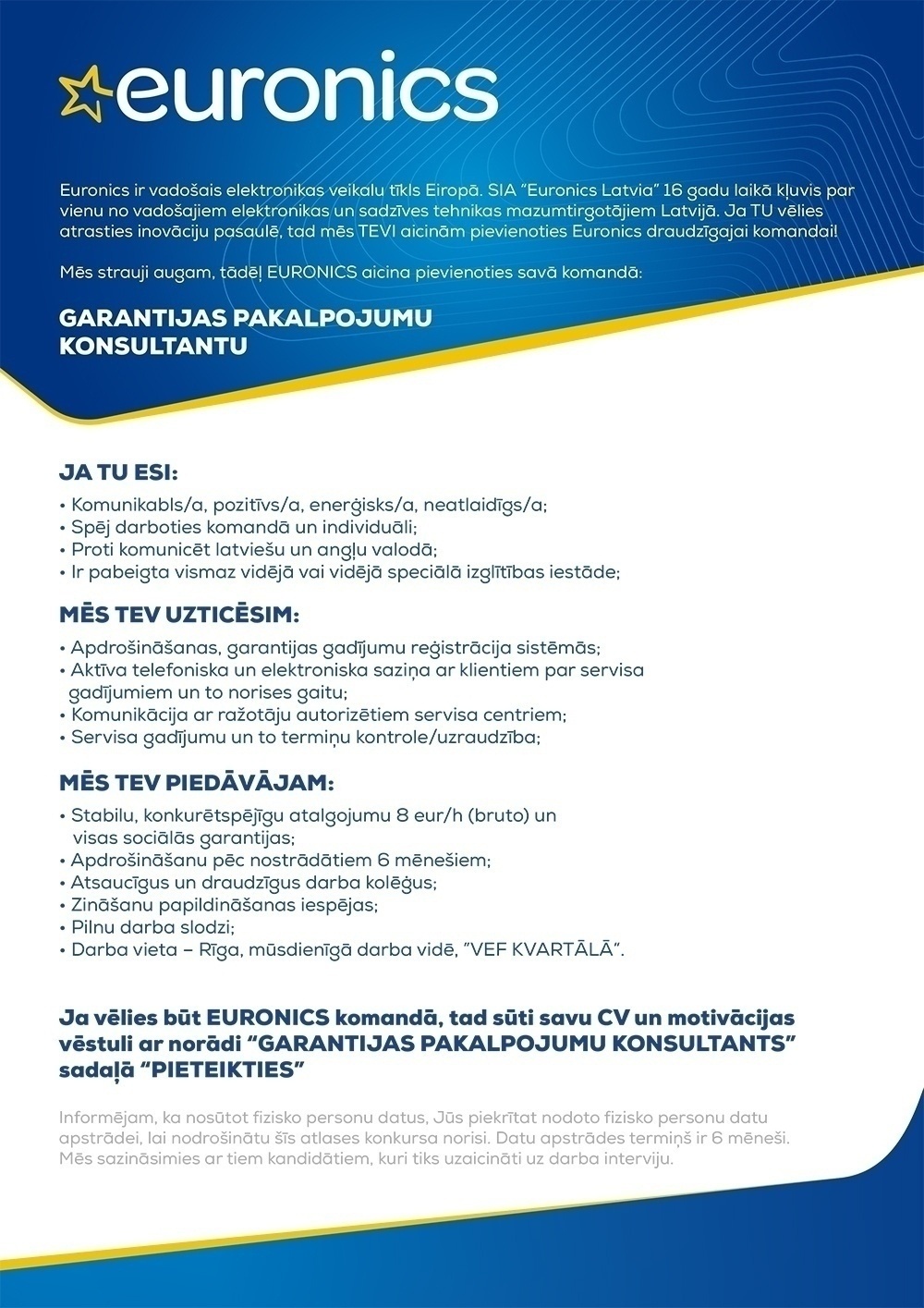 Euronics Latvia, SIA Garantijas pakalpojumu konsultants/-e