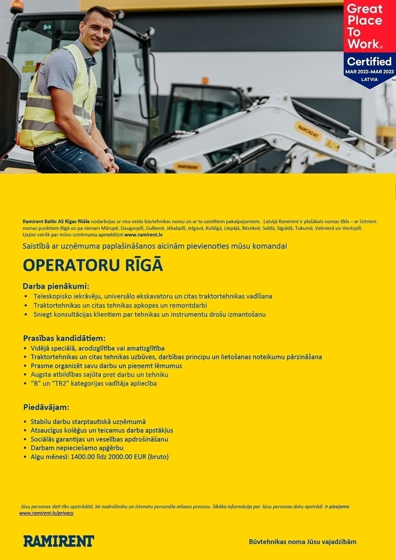 Ramirent Baltic AS Rīgas filiāle Operators/-e