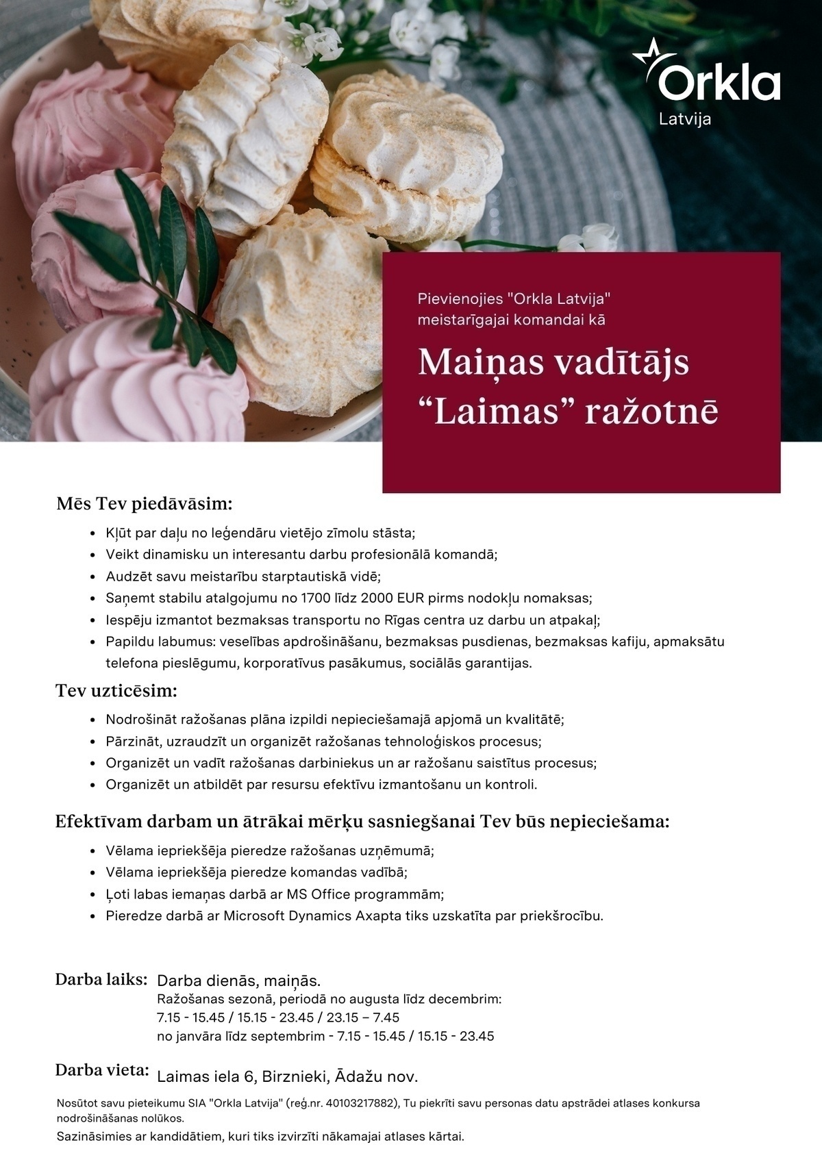 Orkla Latvija, SIA Maiņas vadītājs/-a "Laima" ražotnē