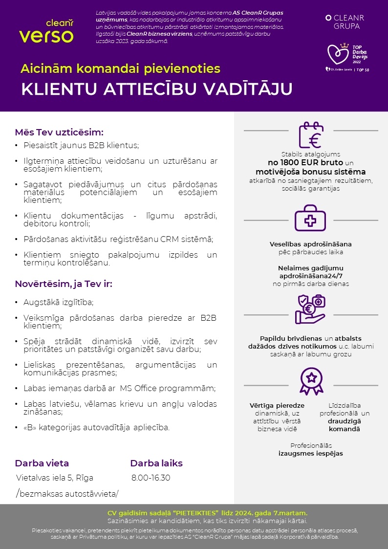 CleanR Verso, SIA Klientu attiecību vadītājs/-a