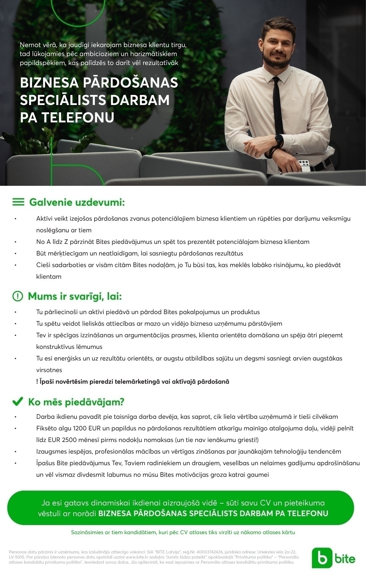 Bite Latvija, SIA Biznesa pārdošanas speciālists/-e darbam pa telefonu