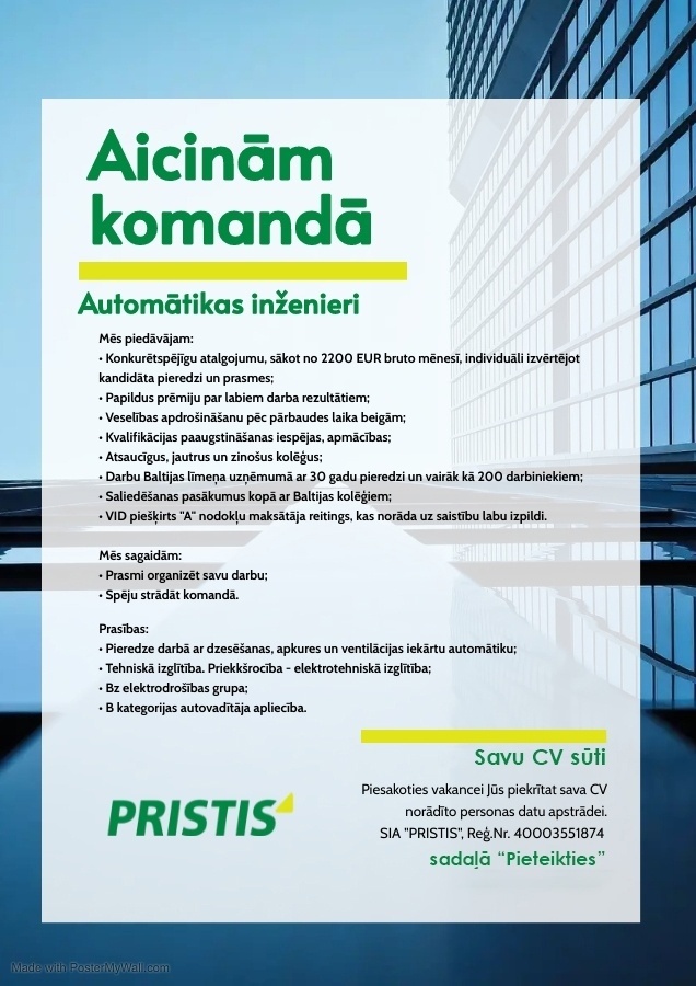 PRISTIS, SIA Automātikas inženieris/-e