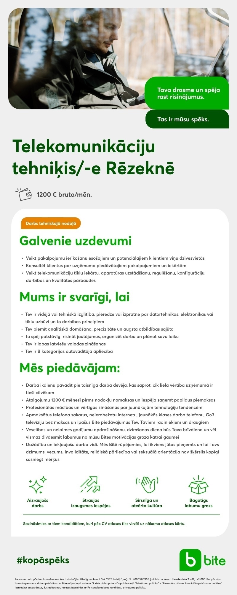 Bite Latvija Telekomunikāciju tehniķis/-e Rēzeknē