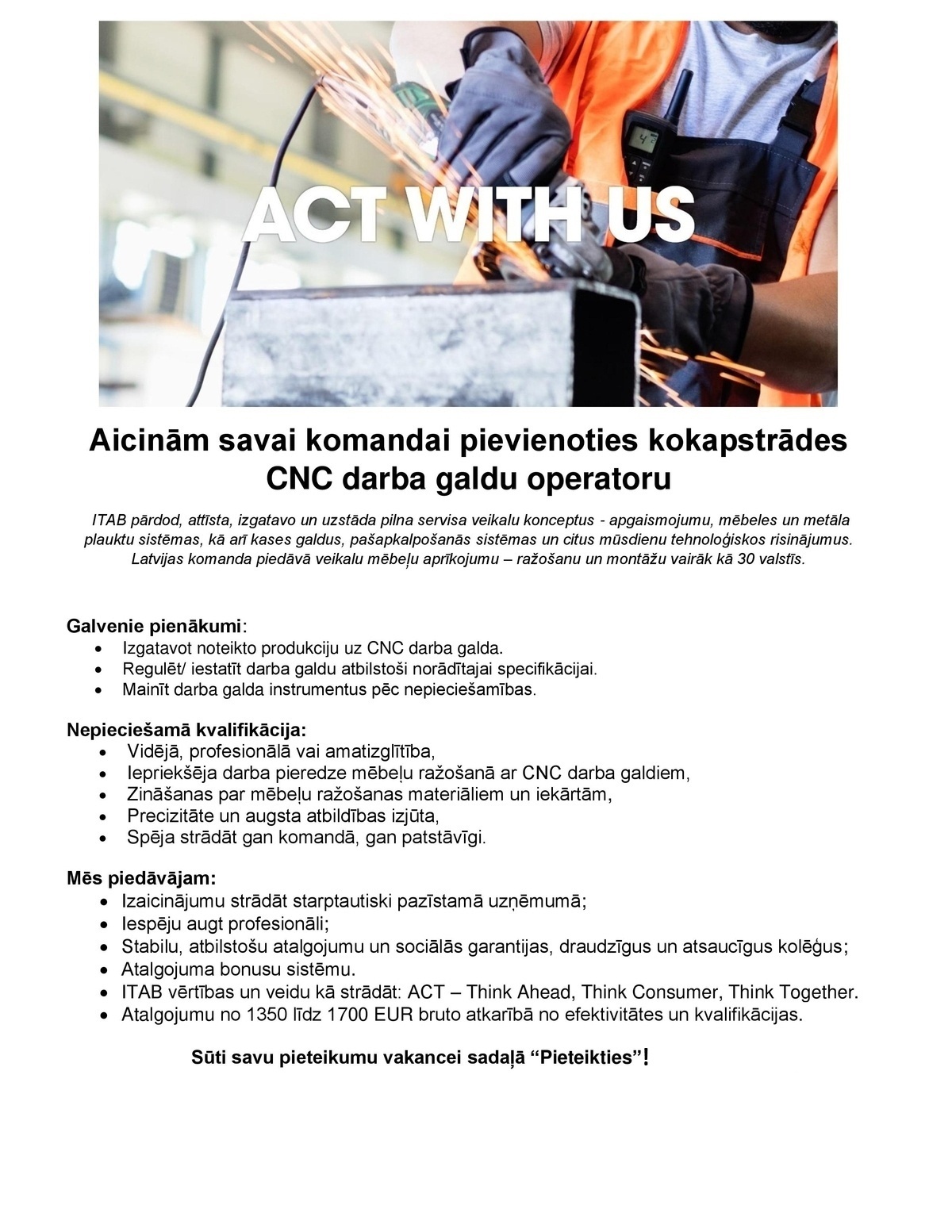 ITAB Latvia, SIA Kokapstrādes CNC darba galdu operators/-e