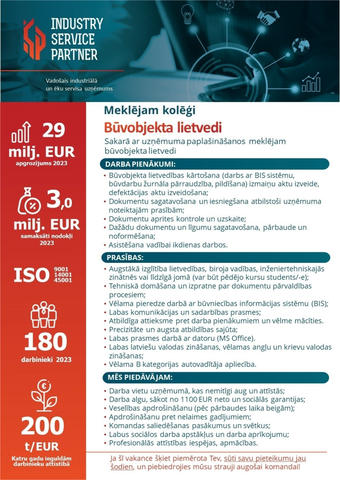 Industry Service Partner, SIA Būvobjekta lietvedis/-e