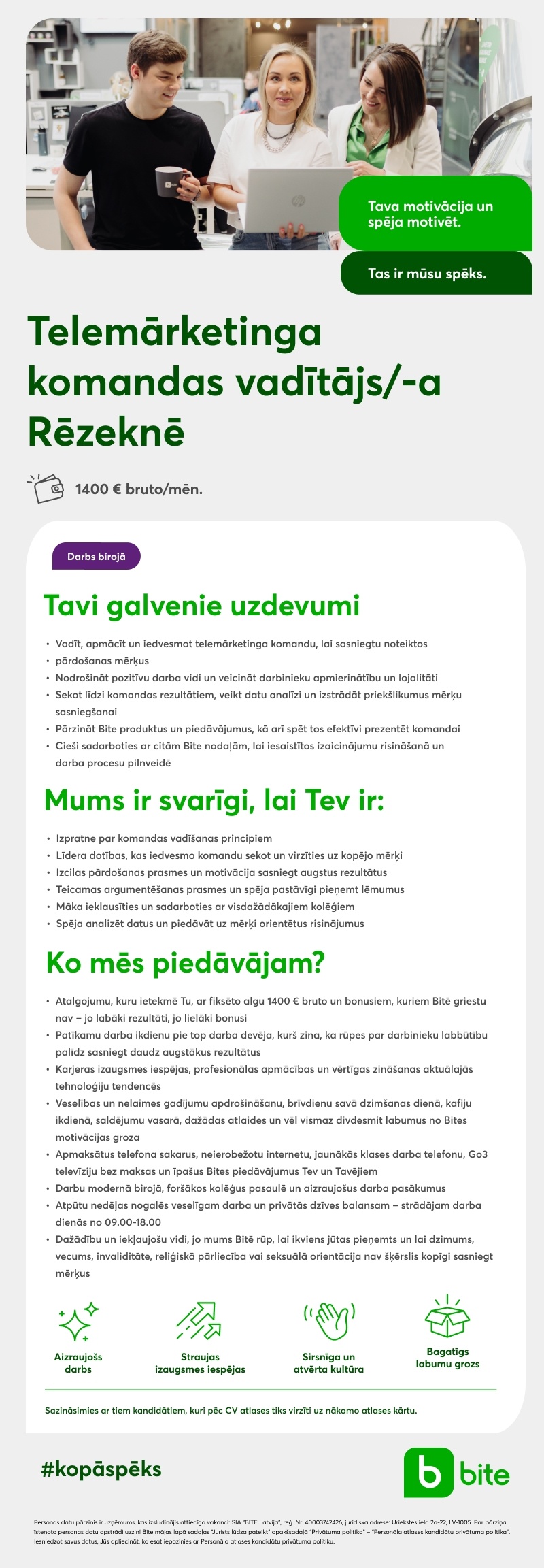 Bite Latvija Telemārketinga komandas vadītājs/-a Rēzeknē