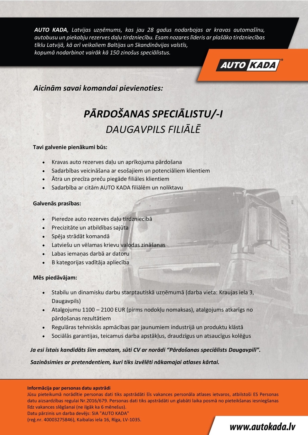 AUTO KADA, SIA Pārdošanas speciālists/-e Daugavpils filiālē