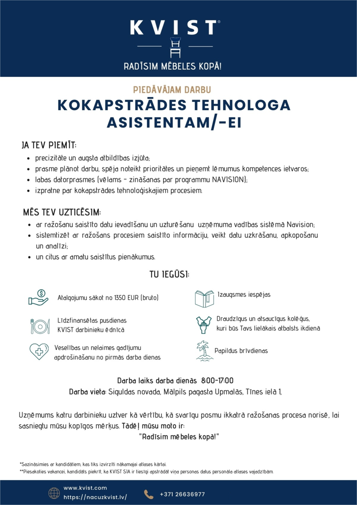 KVIST, SIA Kokapstrādes tehnologa asistents/-e