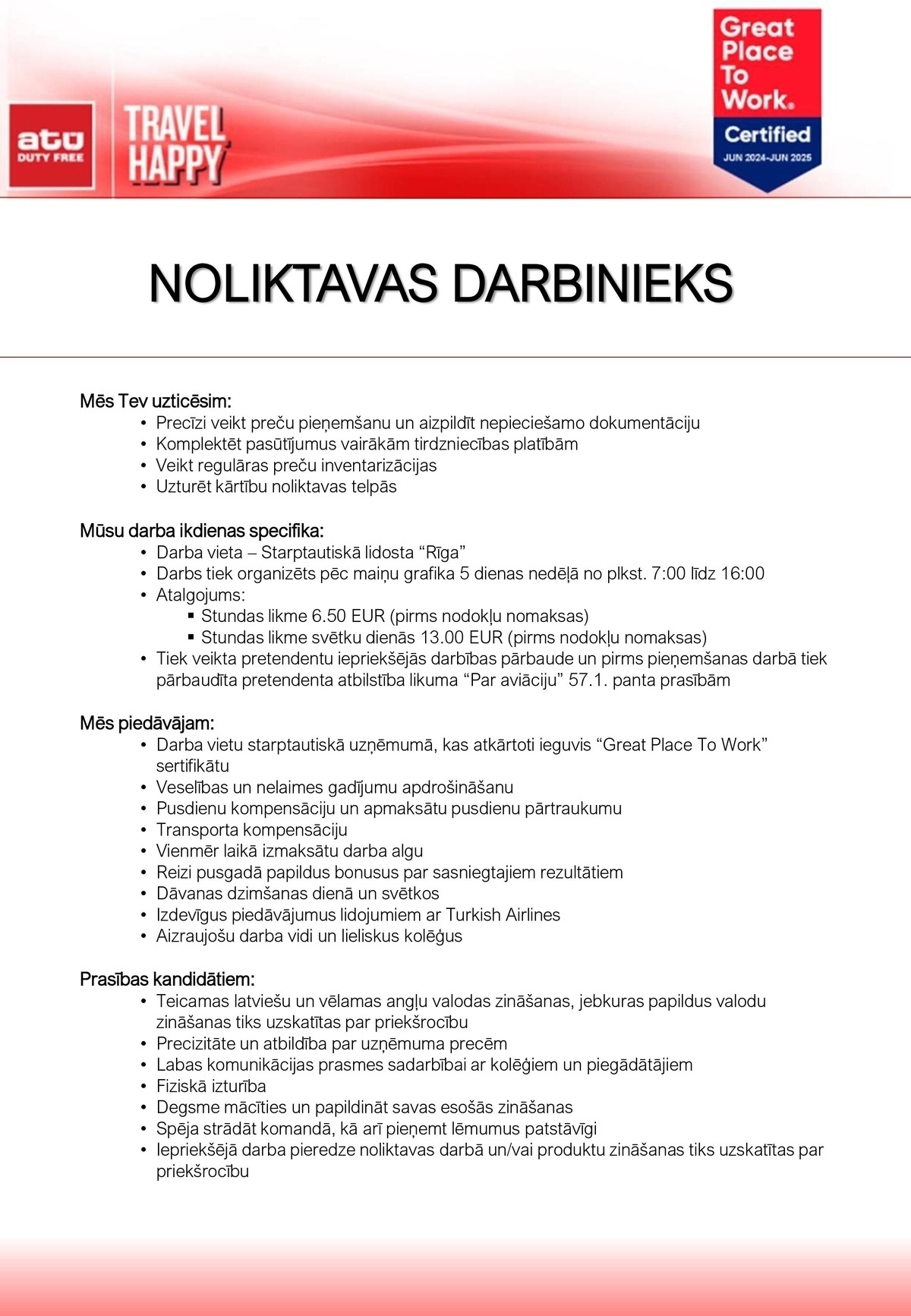 Riga Airport Commercial Development, AS Noliktavas darbinieks/-ce