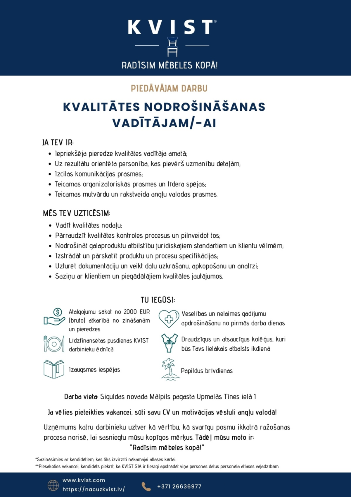 KVIST, SIA Kvalitātes nodrošināšanas vadītājs/-a