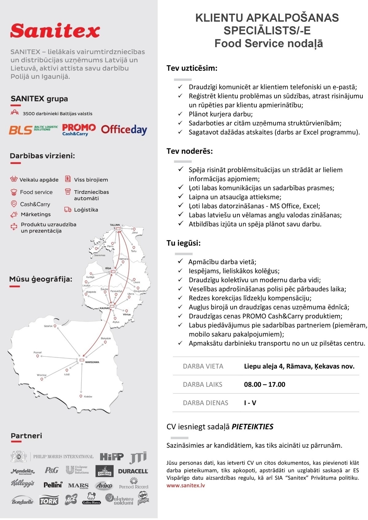 Sanitex, SIA Klientu apkalpošanas speciālists/-e Food Service nodaļā