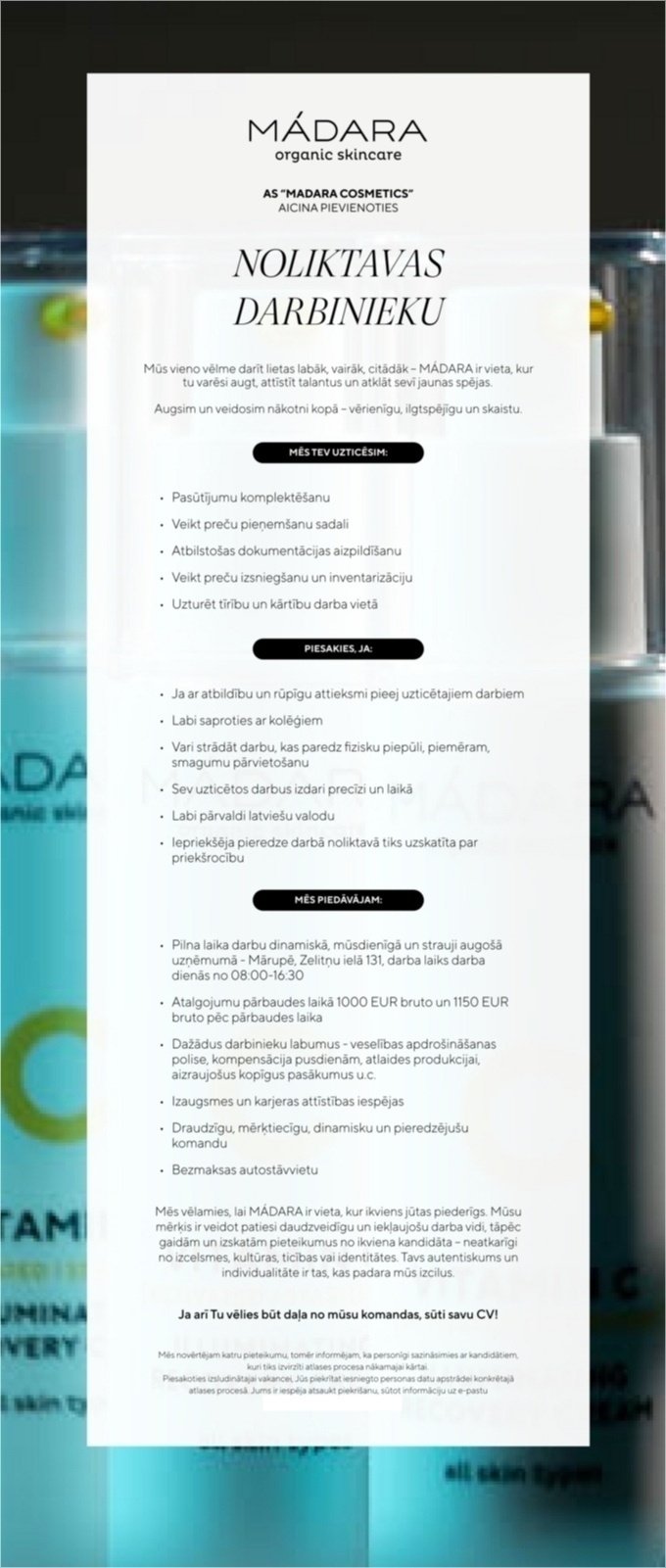 MADARA Cosmetics, AS Noliktavas darbinieks/-ce