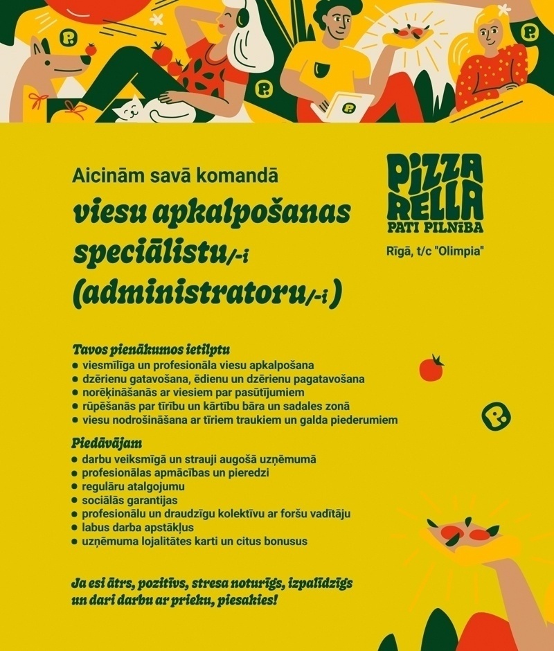 TIAMO GRUPA, SIA Viesu administrators/-e kafejnīcā "PIZZARELLA" TC "OLIMPIA", RĪGA