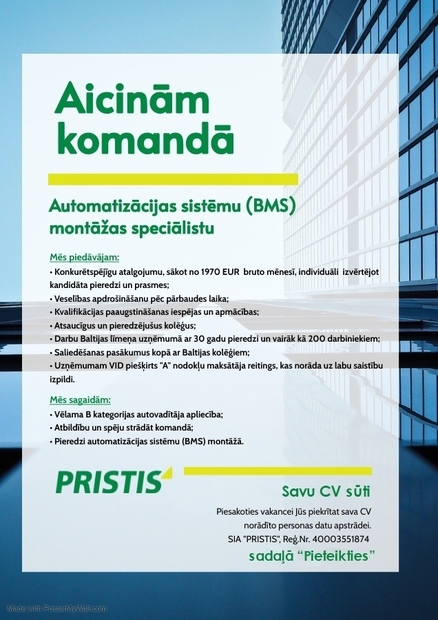 Pristis, SIA Automatizācijas sistēmu (BMS) montāžas speciālists/-e