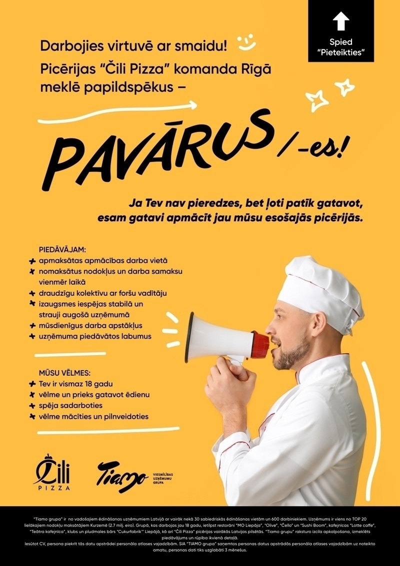 TIAMO GRUPA, SIA Pavārs/-e "Čili pizza" picērijā Rīgā, TC "GAIĻEZERS"